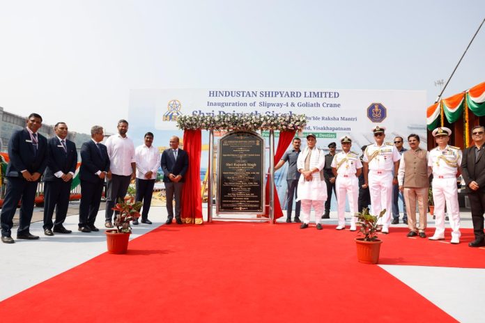 Rajnath Singh unveils three major milestones at Hindustan Shipyard Limited